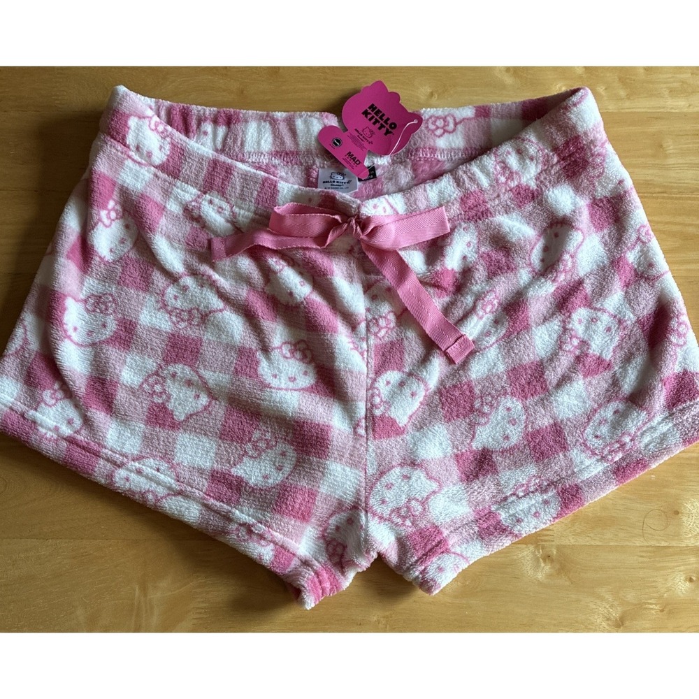 Sanrio Hello Kitty Plush Shorts Pink White Checkered NWT Size Large